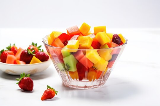 glass bowl with tropical fruit salad on a white surface