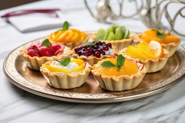 a set of tropical fruit tarts on a tray