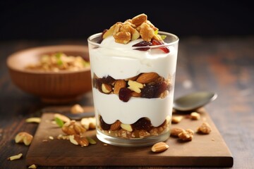 a parfait made with greek yogurt and mixed dried fruits