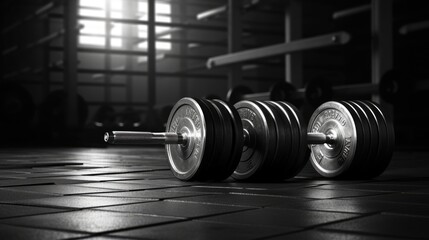 Fitness concept background with bodybuilding equipment such as dumbbells and iron plates on a rubber floor in a gym juxtaposed with black and white photography