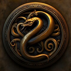 a gold and bronze circular emblem of intertwining snakes overtop of the letter z 