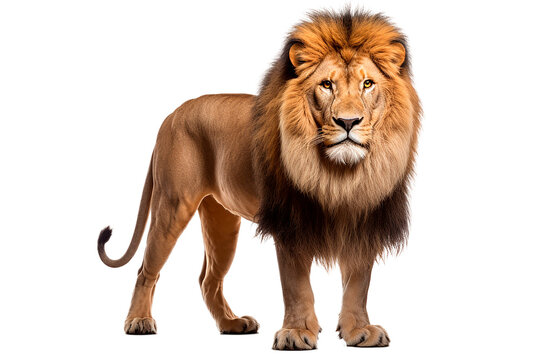 Lion isolated on a transparent background. Animal front view portrait.	