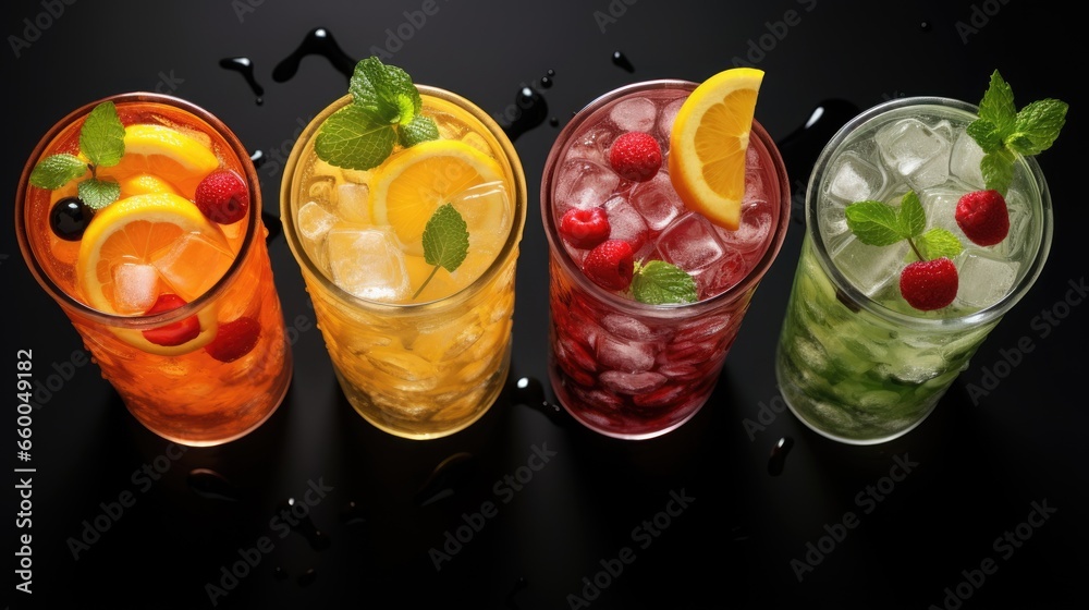 Aufkleber fruit drinks with ice on a grey background viewed from above
