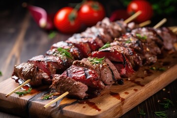 grilled pieces of gyro meat on skewers