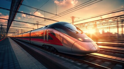 Fototapeta premium Fast train moving at sunset Modern intercity train with motion blur on platform Industrial railway in Europe Commercial transport