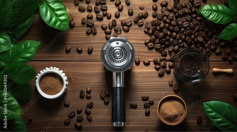 Poster espresso cup and coffee equipment viewed from above with portafilter tamper coffee beans and leaf on
