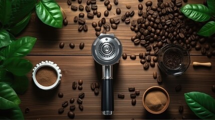 Espresso cup and coffee equipment viewed from above with portafilter tamper coffee beans and leaf on table