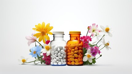 Isolated white medicine bottles with tablets and flowers - obrazy, fototapety, plakaty