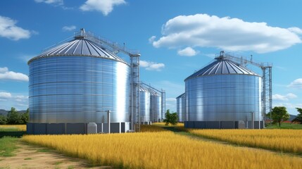 Grain silos for chicken feed storage under blue sky