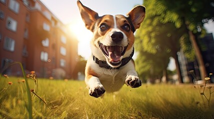 Jack Russell terrier being active and joyful playing in a park