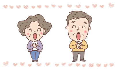 胸に手を当てて安心するシニア男女
