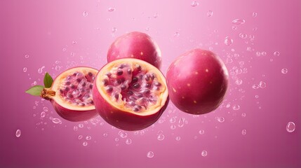 Fresh passion fruit falling in zero gravity isolated on pink background high resolution