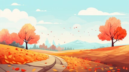 Naklejka na ściany i meble Autumn landscape with trees, mountains, fields, leaves. Countryside landscape. Autumn background. Vector illustration
