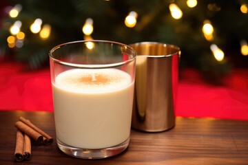 eggnog in a clear tumbler next to a lit candle