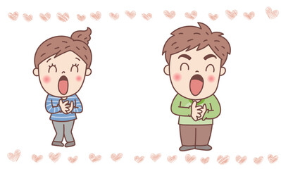 胸に手を当てて安心する男女