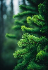 Stunning Christmas Wallpaper with Close-Up of Green Pine Branch. Space for Text, Moody Dark Tones, Ideal for Seasonal Quotes. Vintage December Theme. Natural Winter Forest Scene.