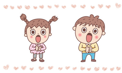 胸に手を当ててびっくりしている子どもたち