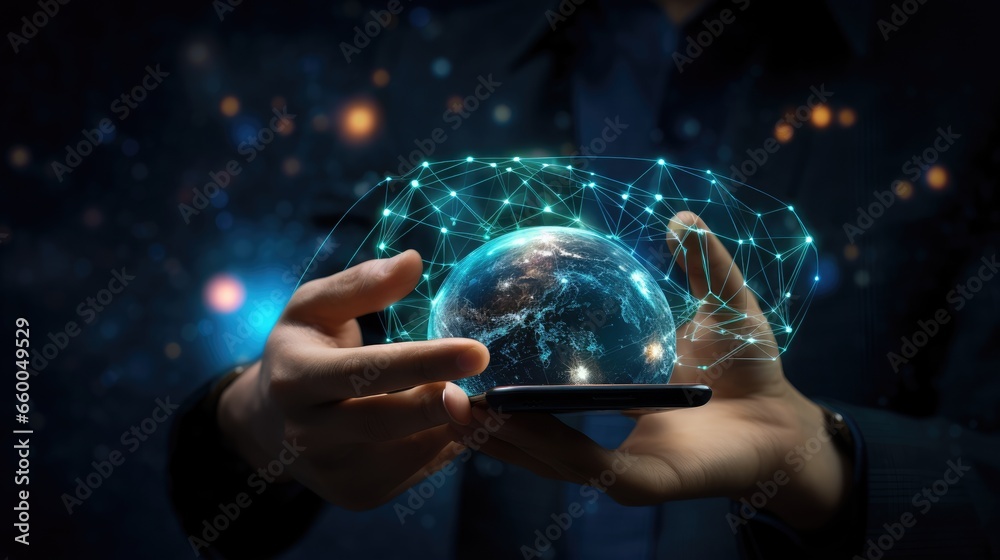 Poster Man using phone with global network connection Technology and communication concept