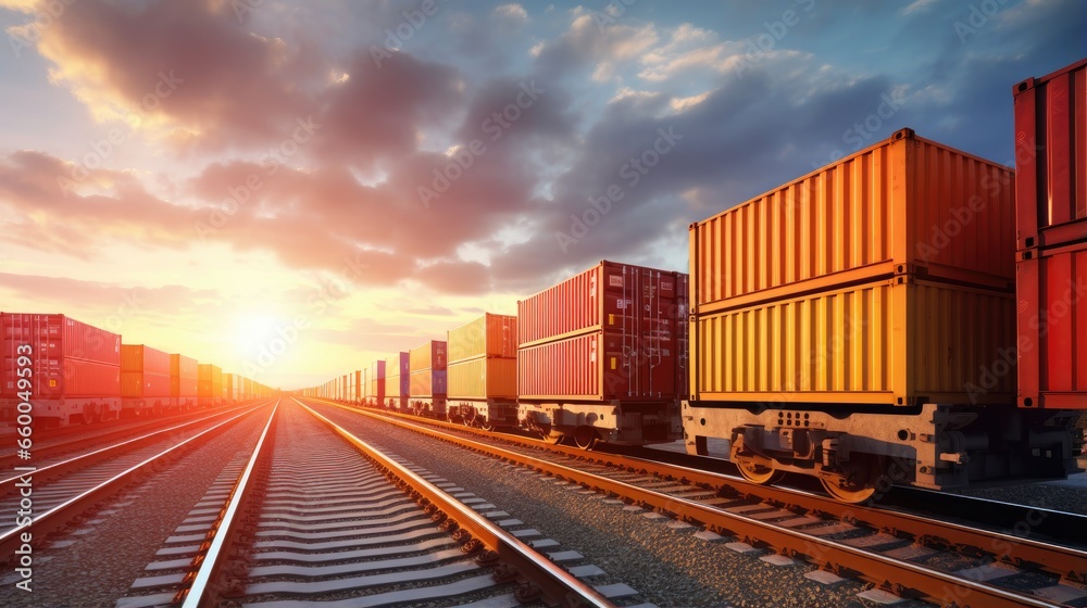 Wall mural intermodal containers transported on train car for rail freight shipping logistics facilitating impo