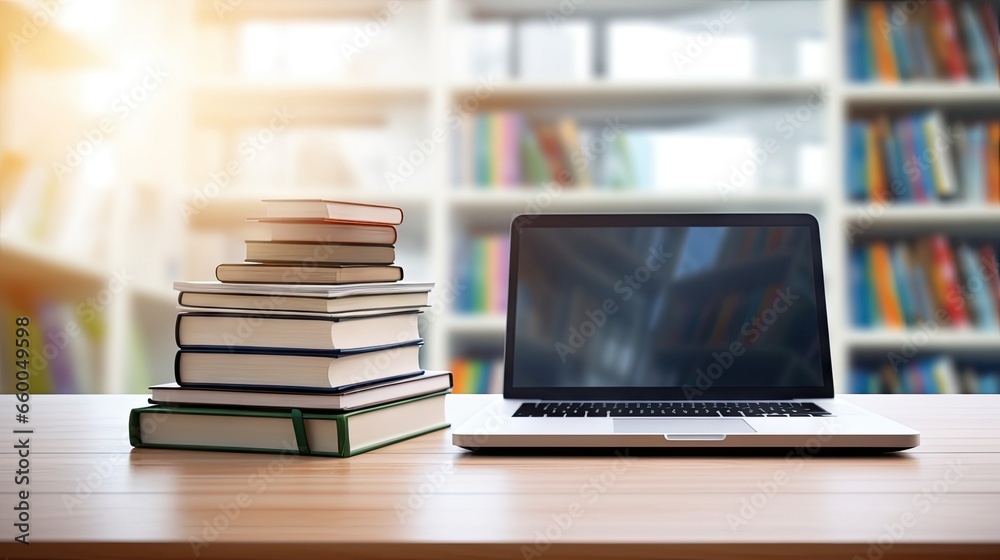 Poster library desk with books and laptop representing education technology and e learning