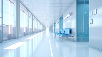 Fototapeta premium Empty modern hospital corridor with rooms and seats waiting room in medical office. Healthcare service interior
