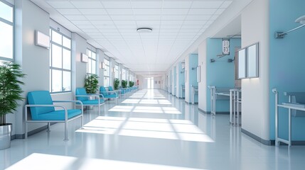 Empty modern hospital corridor with rooms and seats waiting room in medical office. Healthcare service interior