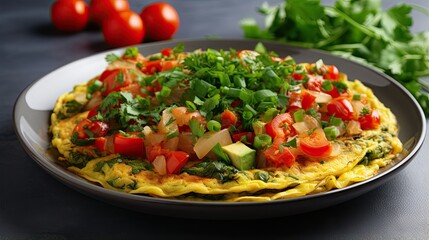 Healthy homemade food Vegan chickpea omelet with bell peppers tomatoes cucumbers lettuce and parsley on a light gray textured background - obrazy, fototapety, plakaty