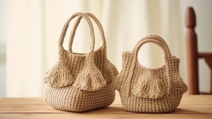 Handcrafted beige knit baskets on wooden table Natural jute shopping bag Scandinavian style sustainable fashion accessories Cozy interior room decoration - obrazy, fototapety, plakaty