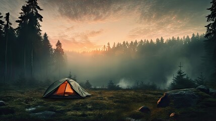 Forest dwelling man experiences tourism in a misty dawn with a solitary tent