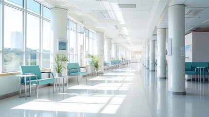 Empty modern hospital corridor with rooms and seats waiting room in medical office. Healthcare service interior - obrazy, fototapety, plakaty