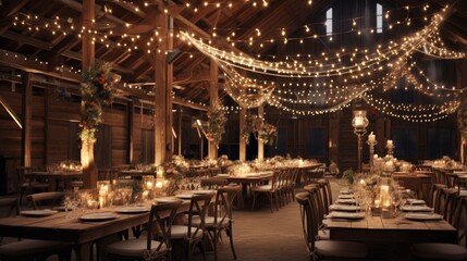 Obraz premium Indoor rustic wedding with charming string lighting in an elegant barn to celebrate love and marriage