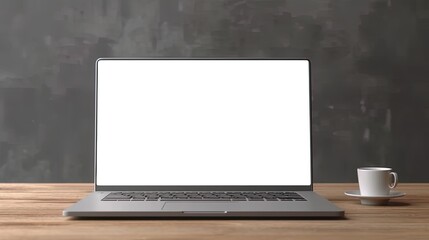 Fototapeta premium Laptop with blank screen on table workspace laptop showing blank screen background