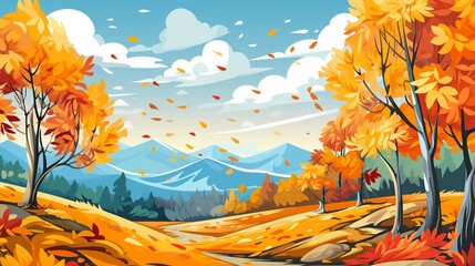 Obraz na płótnie Canvas Autumn landscape with trees, mountains, fields, leaves. Countryside landscape. Autumn background. Vector illustration