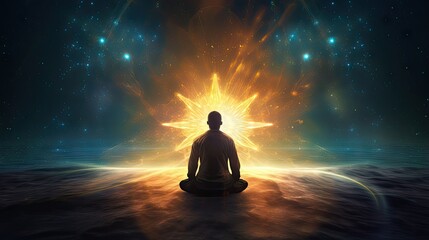 Man meditating in bright cosmic light experiencing spiritual enlightenment mental healing and increased self awareness - obrazy, fototapety, plakaty