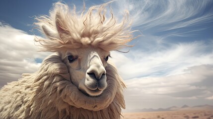 Humorous South American camelid on a gusty day