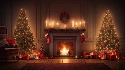 Foto op Canvas Festively lit living room adorned for Christmas with a decorated Xmas tree candles and garland indoors © vxnaghiyev