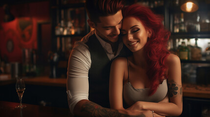 Beautiful young couple in love hugging and smiling while sitting at the bar counter