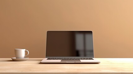 Fototapeta premium Laptop with blank screen on table workspace laptop showing blank screen background
