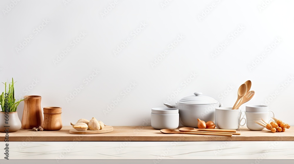 Poster empty space for text in a kitchen themed mockup with a teapot cooking utensils rolling pin cutting b