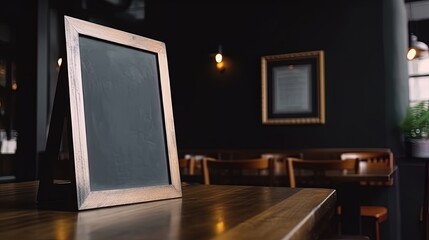 Menu Mock up blank for text marketing promotion. Mock up Menu frame standing on wood table in restaurant space for text.