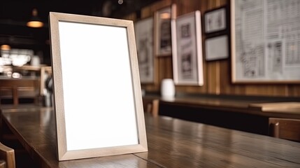 Menu Mock up blank for text marketing promotion. Mock up Menu frame standing on wood table in restaurant space for text.