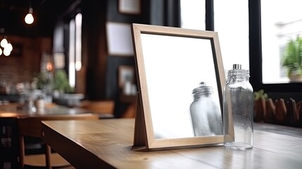 Menu Mock up blank for text marketing promotion. Mock up Menu frame standing on wood table in restaurant space for text.