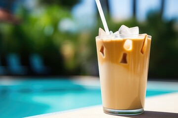 a poolside iced chai latte with a straw and umbrella