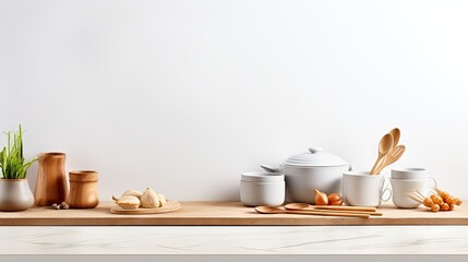 Empty space for text in a kitchen themed mockup with a teapot cooking utensils rolling pin cutting...