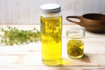 pale-yellow iced herbal tea in a transparent thermos mug