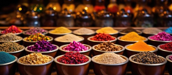 Vibrant spices at Dubai s Grand Souq With copyspace for text