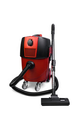 Red construction vacuum cleaner isolated on white background.