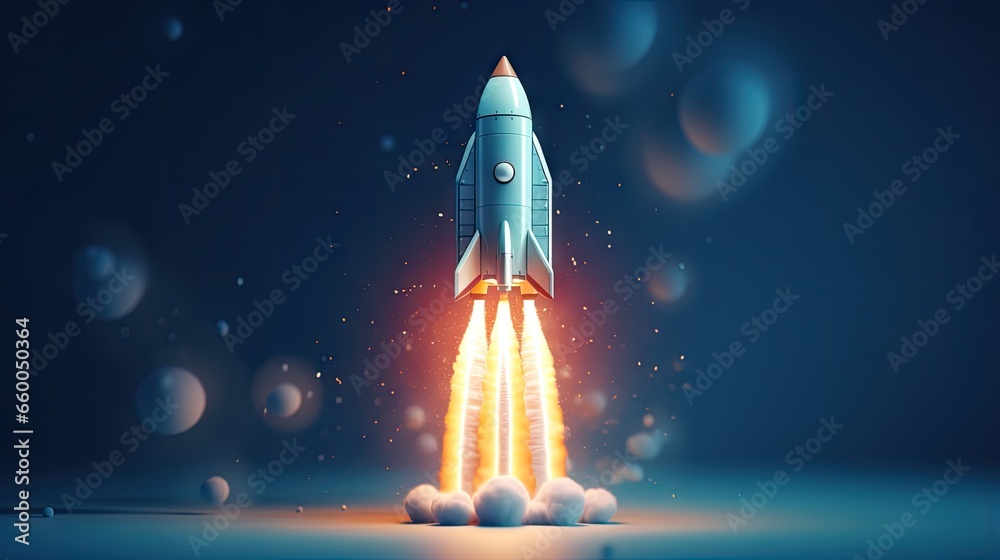 Poster Illustration of a 3D rocket launching on a blue background symbolizing a startup business concept with a spaceship icon