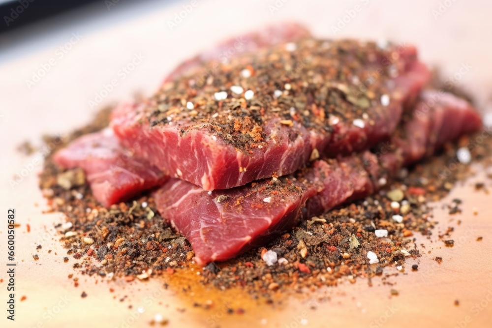 Poster close-up shot of spice rub on a raw steak