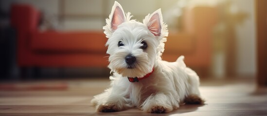 Adorable West Highland White Terrier puppy from dog litter kept in a kennel at home